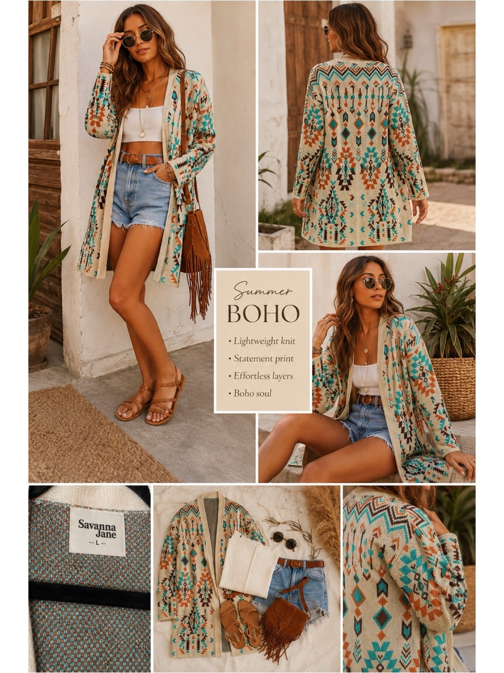 SAVANNA JANE Boutique Boho Tribal Aztec Print Cardigan Sweater